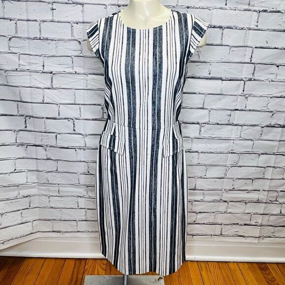 J.Crew Womens Cream Blue Patch Pocket Striped Tweed Sheath Midi Dress Size 4 - Picture 1 of 9